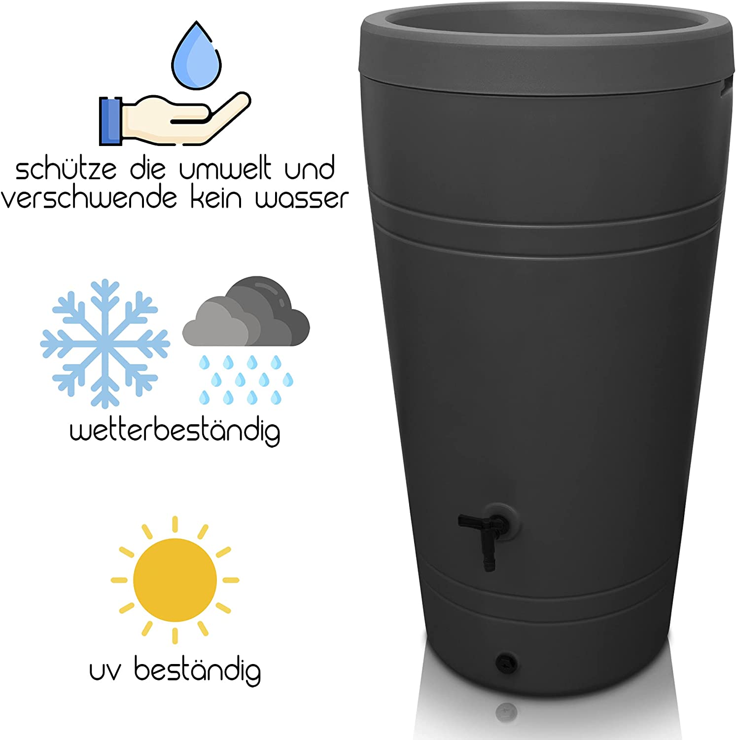 Eine frostsichere, wetterbeständige YourCasa Regentonne 230 Liter [Decore Design] mit UV-Schutz und Funktionen zum Sammeln von Regenwasser.