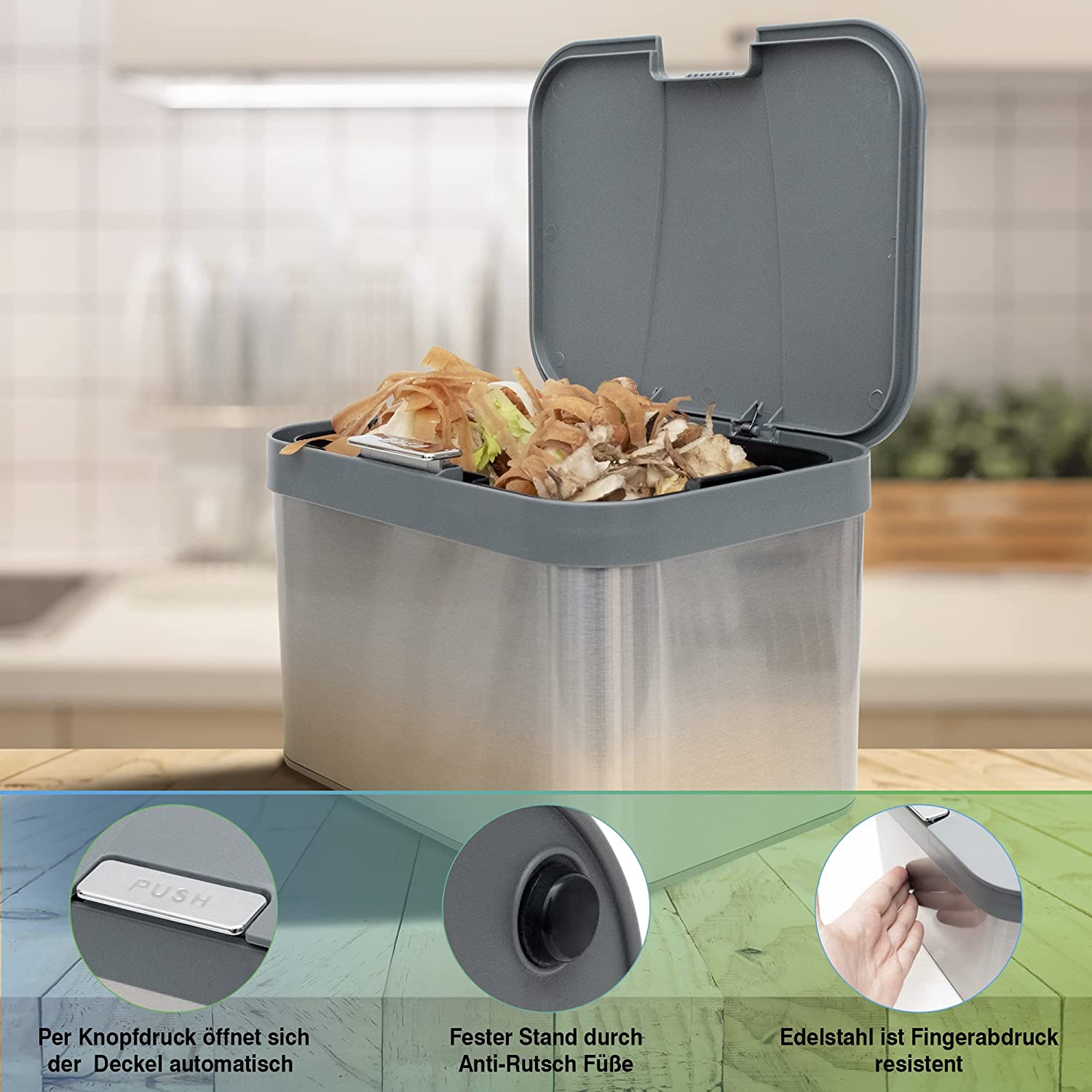 YourCasa® Küchen-Mülleimer aus Edelstahl mit automatischer Deckelöffnungsfunktion und stabilem, rutschfestem Boden, im eleganten Edelstahldesign.