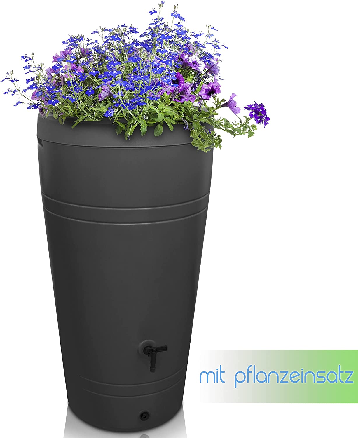 Ein selbstbewässernder Blumentopf mit violetten Blüten, konzipiert zum Sammeln von YourCasa Regentonne 230 Liter [Decore Design] - Nachhaltige Bewässerung im Garten.