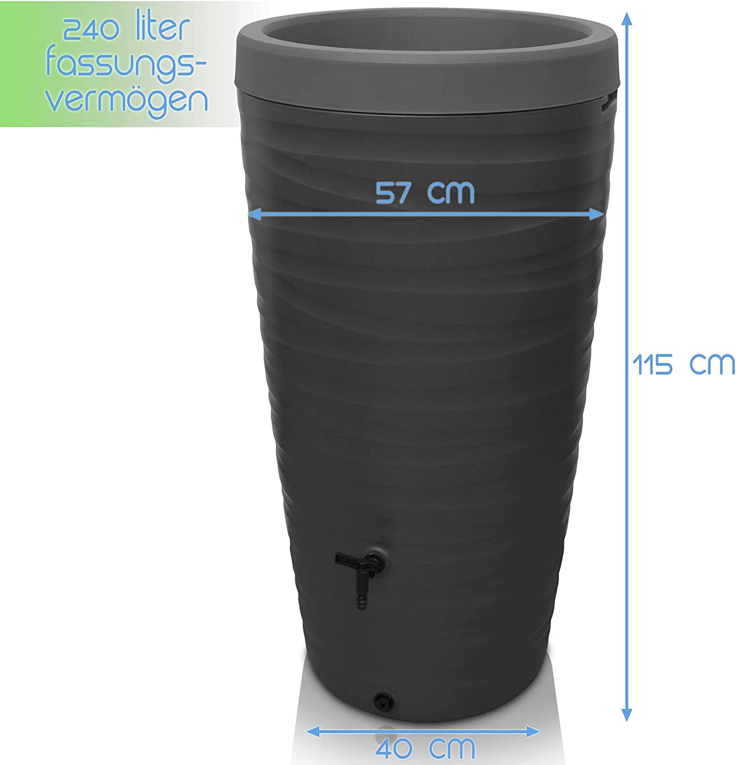 Eine schwarze, zusammenklappbare YourCasa Regentonne 240 Liter [Wave Design] – Frostsicher & UV-beständig mit den Maßen: Höhe 115 cm, Durchmesser 57 cm und Basisbreite 40 cm sowie einem F yourcasa-de.