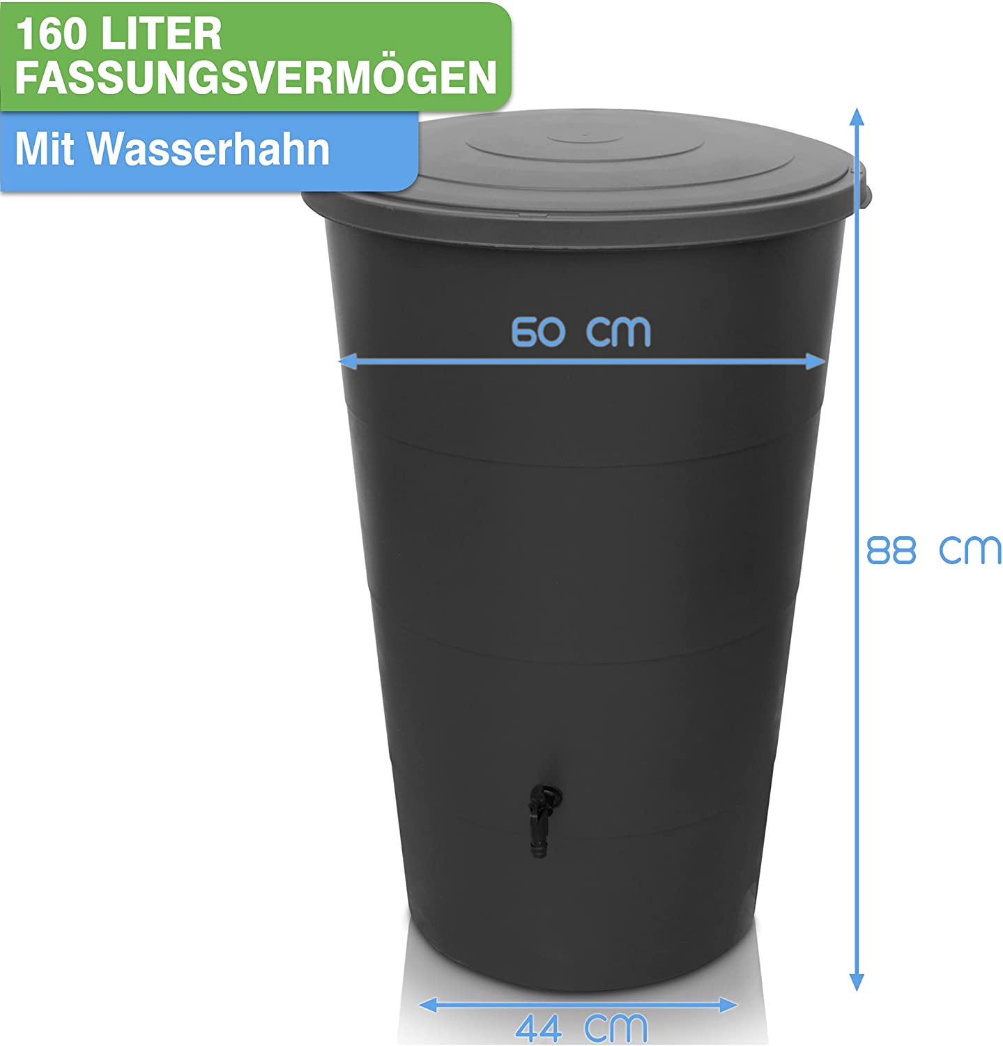 Eine YourCasa Regentonne mit Regensammler und Wasserhahn in Schwarz zum Regenwassersammeln mit einem Zapfhahn, die 88 cm hoch und 60 cm im Durchmesser misst.