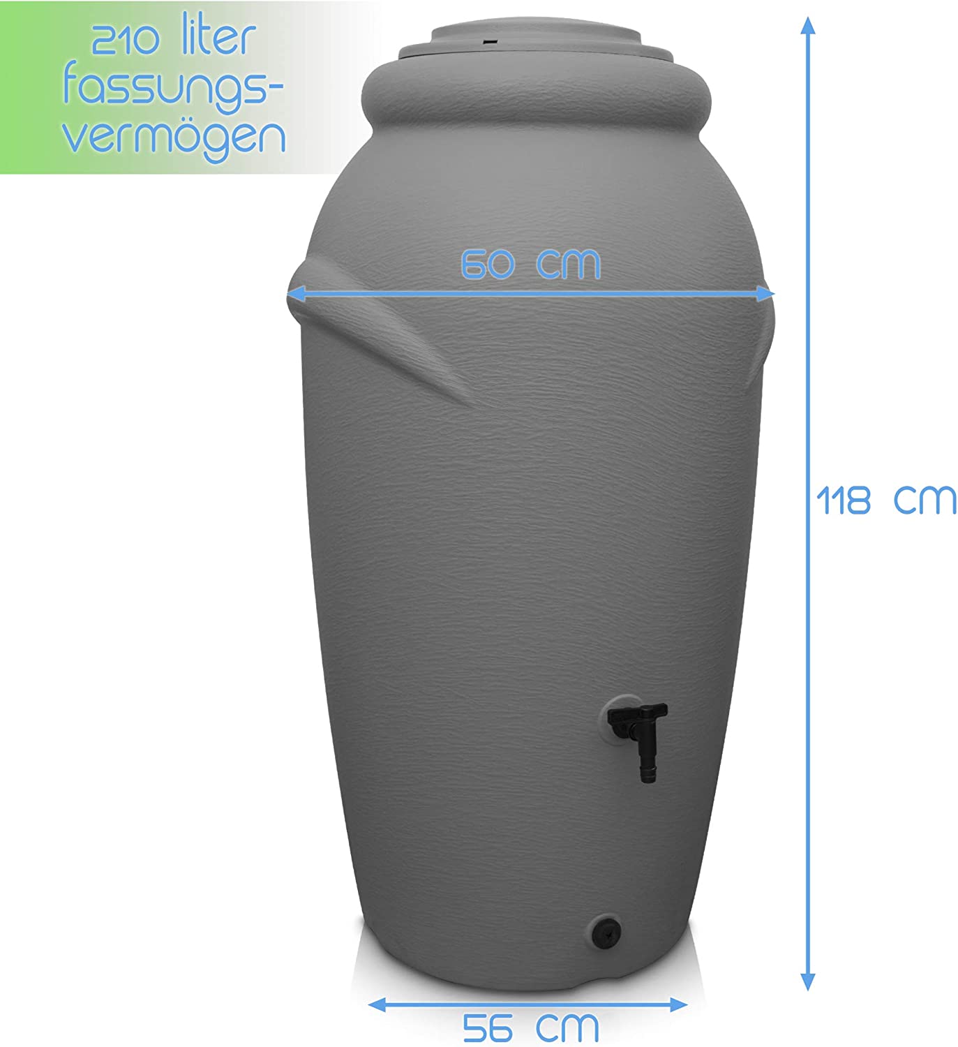 Eine graue Regentonne aus Kunststoff mit 210 Litern Fassungsvermögen – Amphore Design von yourcasa-de, mit einem Deckel, einem Hahn am Boden und Maßen, die ihre Abmessungen angeben: 118 cm Zoll