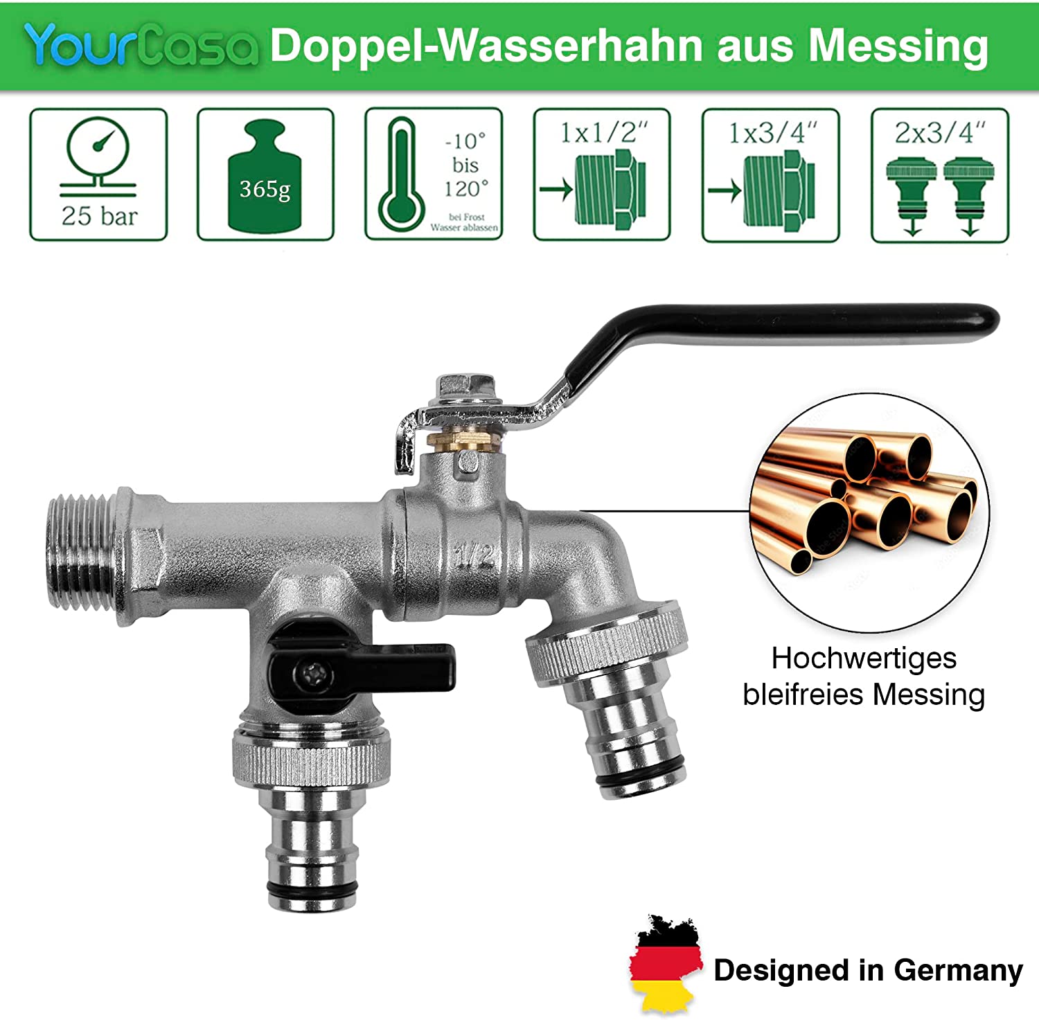 Doppelter YourCasa® Kugelauslaufhahn aus Messing mit separaten Ausläufen und Hebelgriffen, entworfen in Deutschland.
