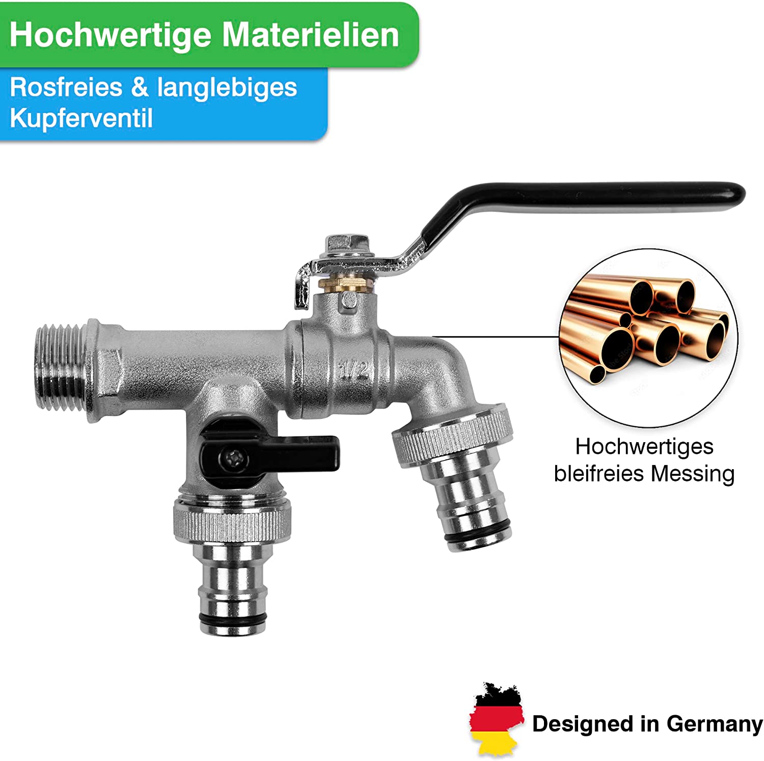 Robuster YourCasa® Regentonnen-Kugelhahn aus Messing mit Hebelgriff, Schlauchanschlüssen und der Kennzeichnung „Designed in Germany“.