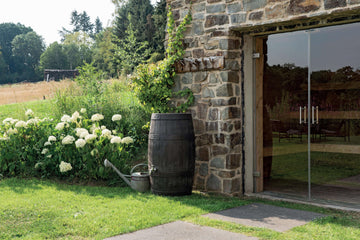 Wassertonne im Garten sammelt Regenwasser