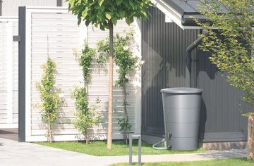 Graue Regentonne steht in Hintergarten auf einer Wieße