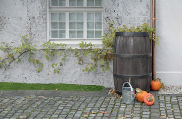 Regentonne in Holzfass-Optik steht vor einer Hauswand