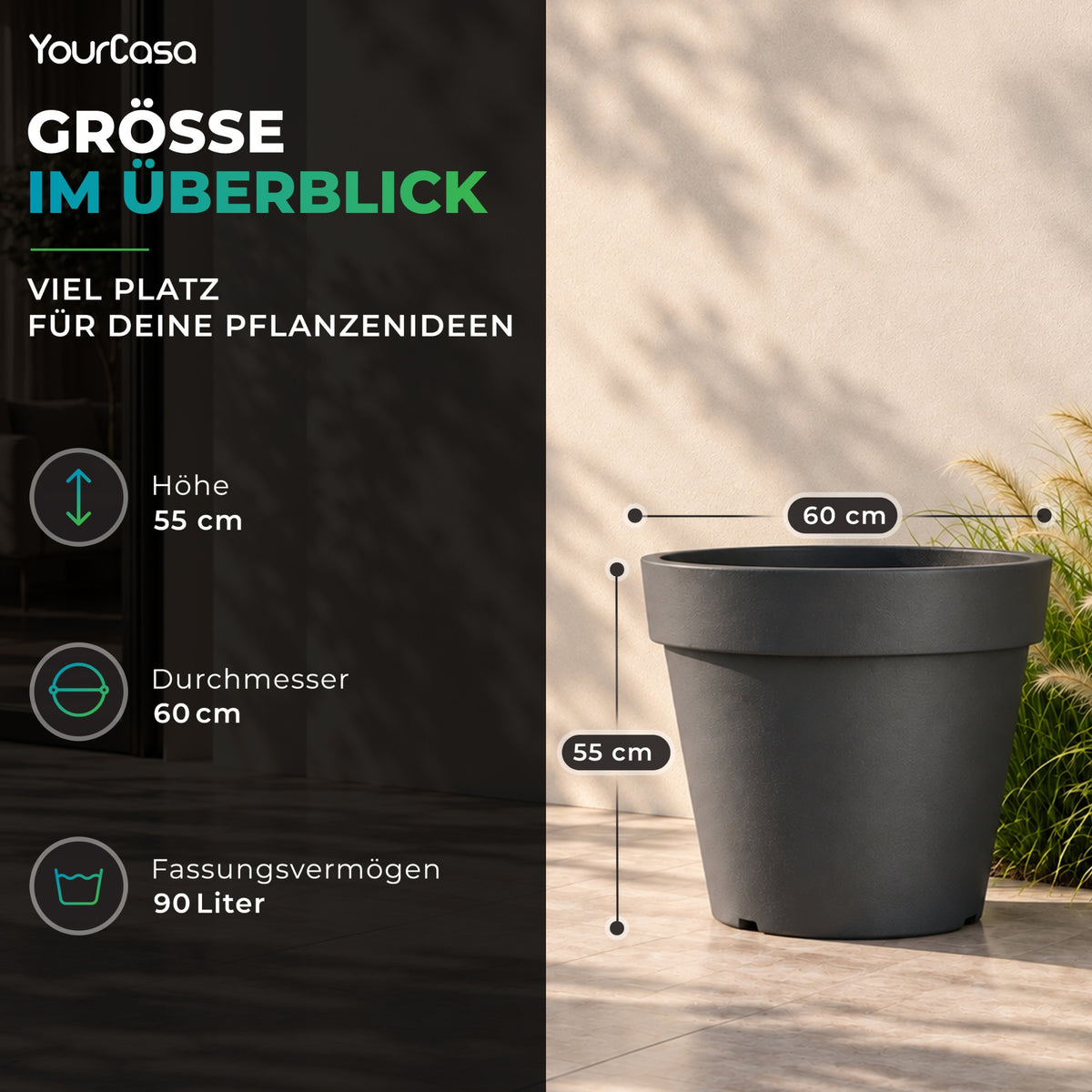 TERRA Pflanzkübel Maße: 55 cm hoch, 60 cm Durchmesser, 90 Liter Fassungsvermögen