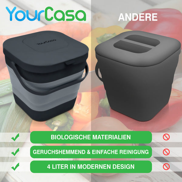 Vergleich zweier Komposteimer, der die Funktionen des YourCasa® Komposteimer Küche von yourcasa-de hervorhebt und dabei die Verwendung biologisch abbaubarer Materialien, die Geruchskontrolle durch einen Aktivkohlefilter und die einfache Reinigung hervorhebt.