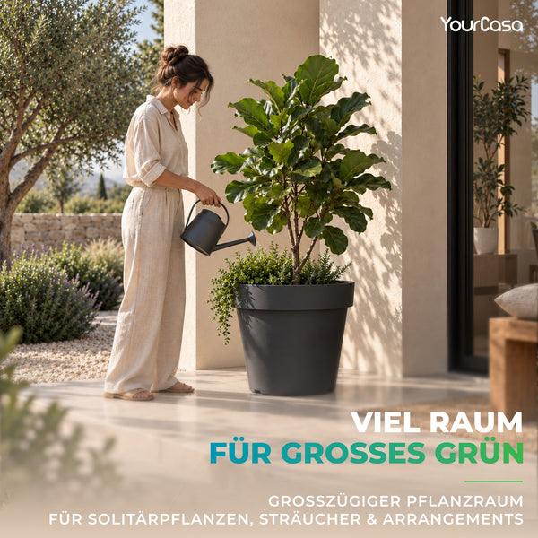 Frau gießt Geigenfeige im TERRA Pflanzkübel Anthrazit auf sonniger Terrasse
