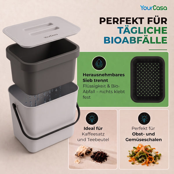 YourCasa® 7L organic waste bin with holder and sieve for kitchen - odor-proof &amp; dishwasher-safe