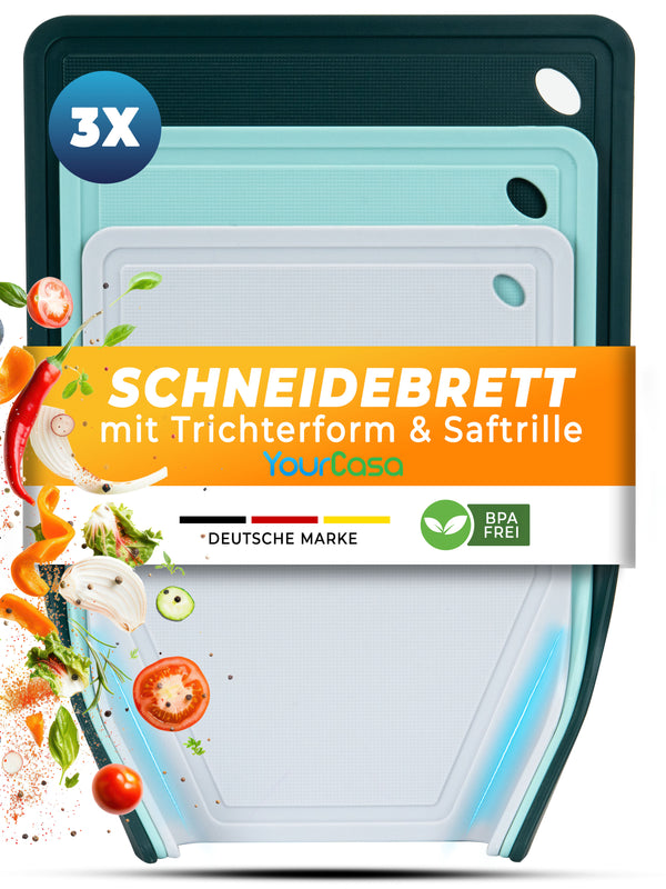 3x Schneidebrett Kunststoff Set - BPA frei -Trichterform & Saftrille - Küchenbrett Rutschfest & Spülmaschinenfest - Cutting Board - Schneidematte Küche Brettchen