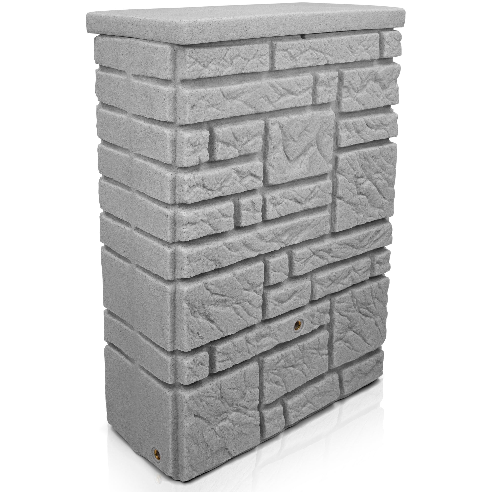 Ein Bild einer grauen Steinmauer mit einer Tür in YourCasa Regentonne 300 Liter [StoneRain] mit Metallgewinde und Deckel in Steinoptik - Regenfass Frostsicher aus Kunststoff von yourcasa-de.