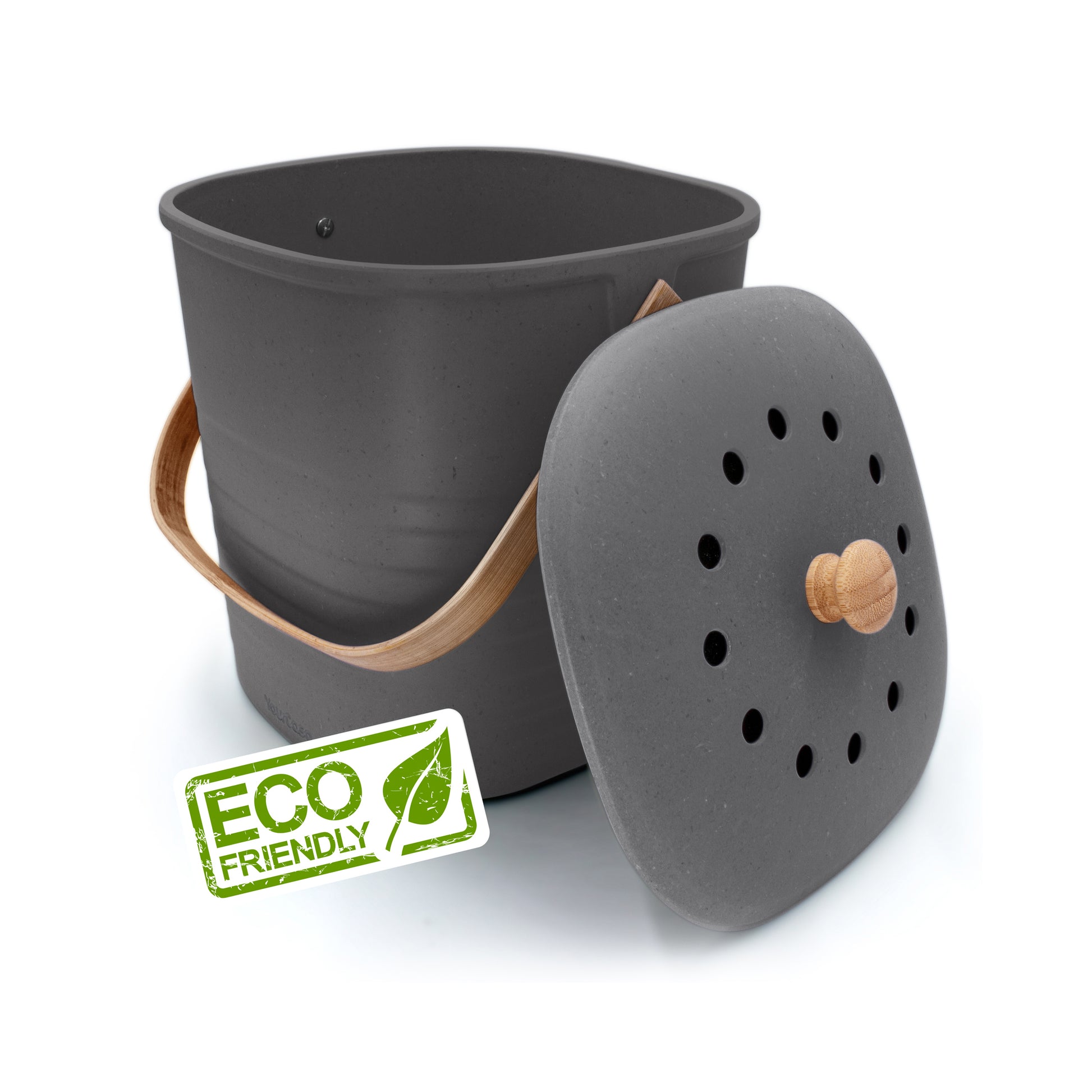 Ein grauer YourCasa® Komposteimer mit Aktivkohlefilter und Holzgriff.