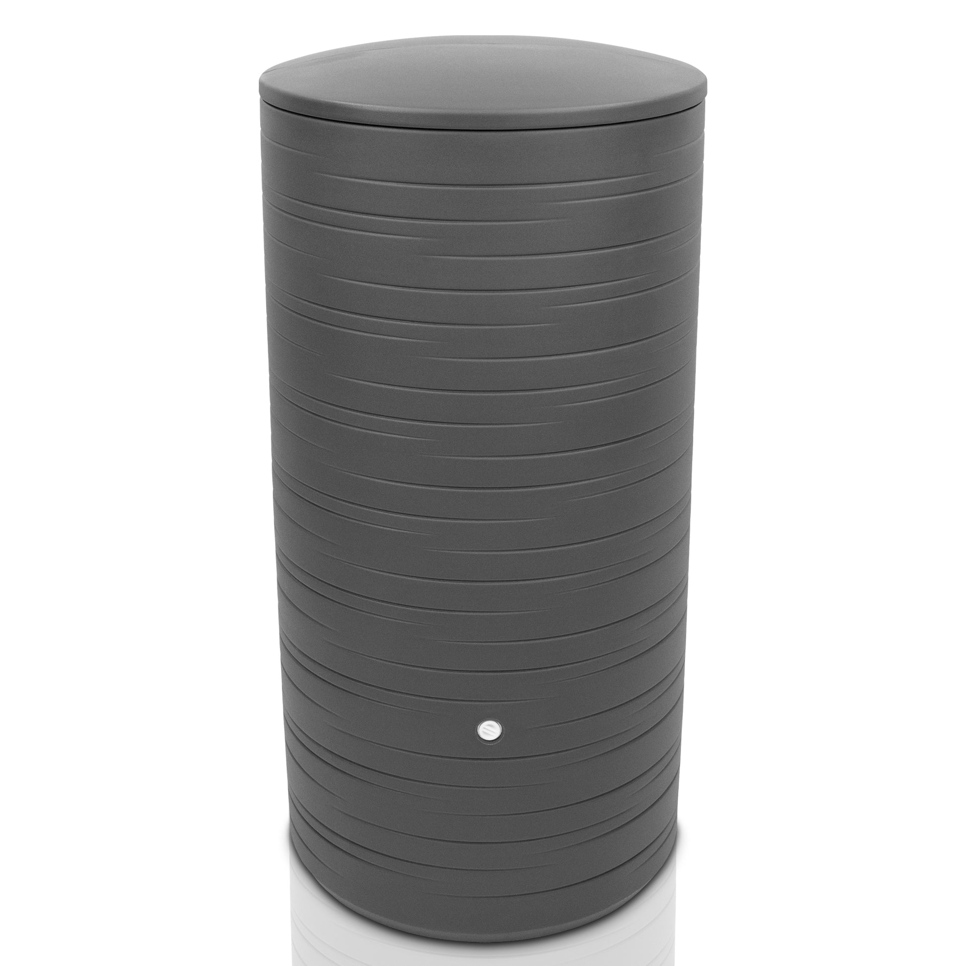 Moderne zylindrische YourCasa Regentonne 280 Liter [PureRain] mit geripptem Design und einzelnem Knopfdetail.