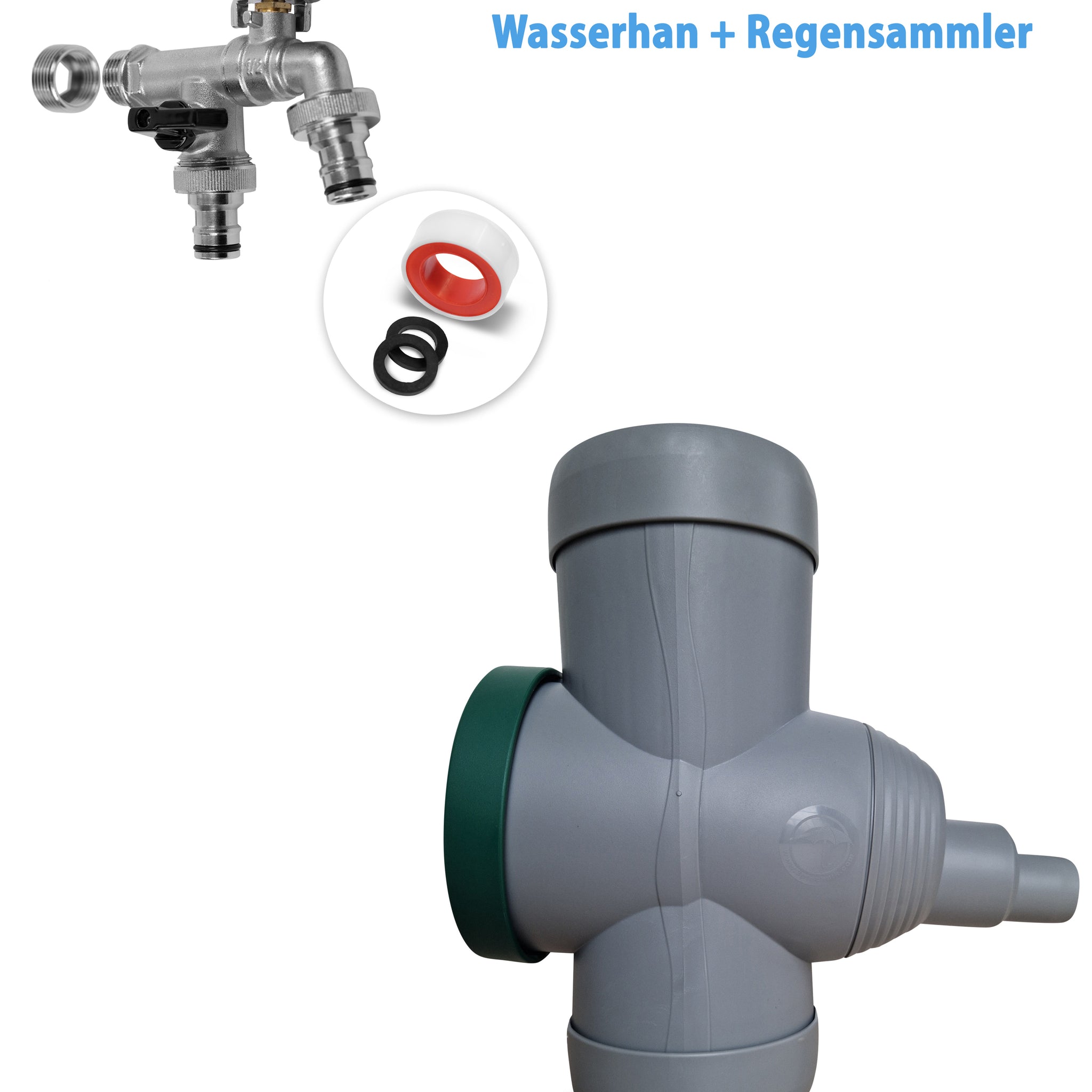 YourCasa® Regensammler [Downpipe70] + Wasserhahn Messing von yourcasa-de, Regenwassersammler mit Überlaufschutz und Zubehör auf weißem Hintergrund.