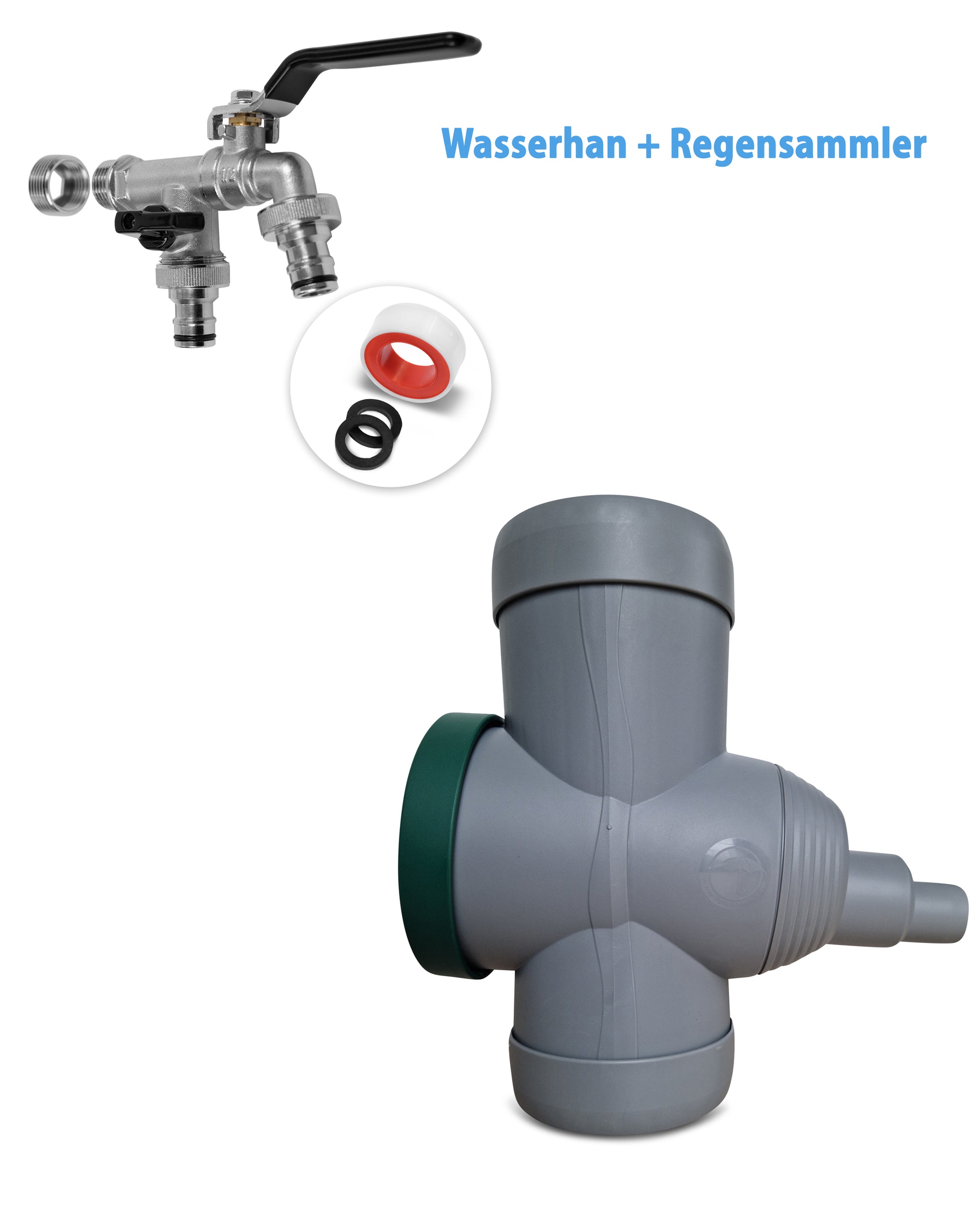 YourCasa® Regensammler [Downpipe70] + Wasserhahn Messing von yourcasa-de, Regenwassersammler mit Überlaufschutz und Zubehör auf weißem Hintergrund.