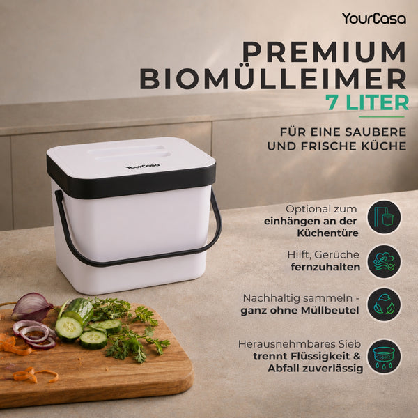 YourCasa® 7L organic waste bin with holder and sieve for kitchen - odor-proof &amp; dishwasher-safe