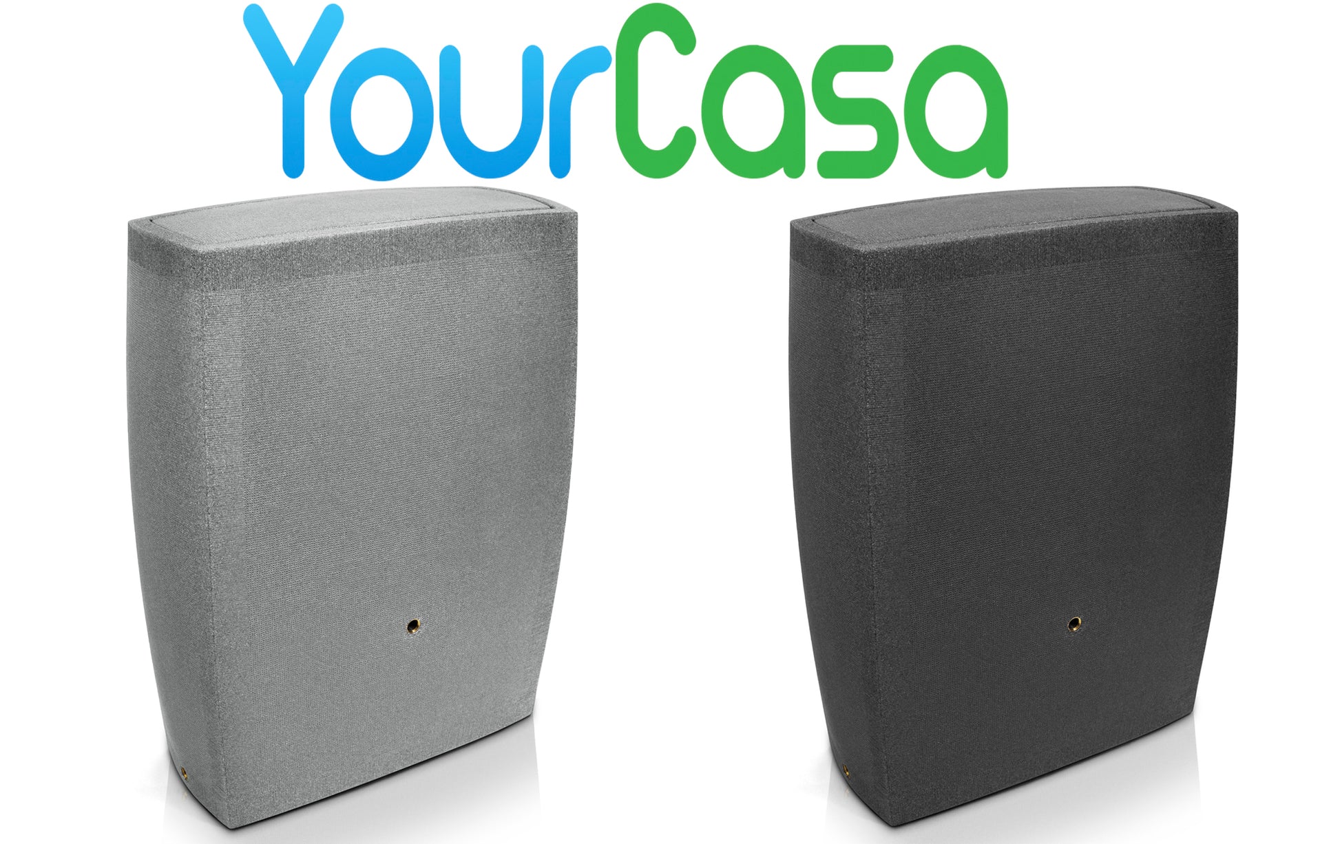 Zwei moderne, frostsichere Outdoor-Lautsprecher von yourcasa-de in kontrastierenden Farben.