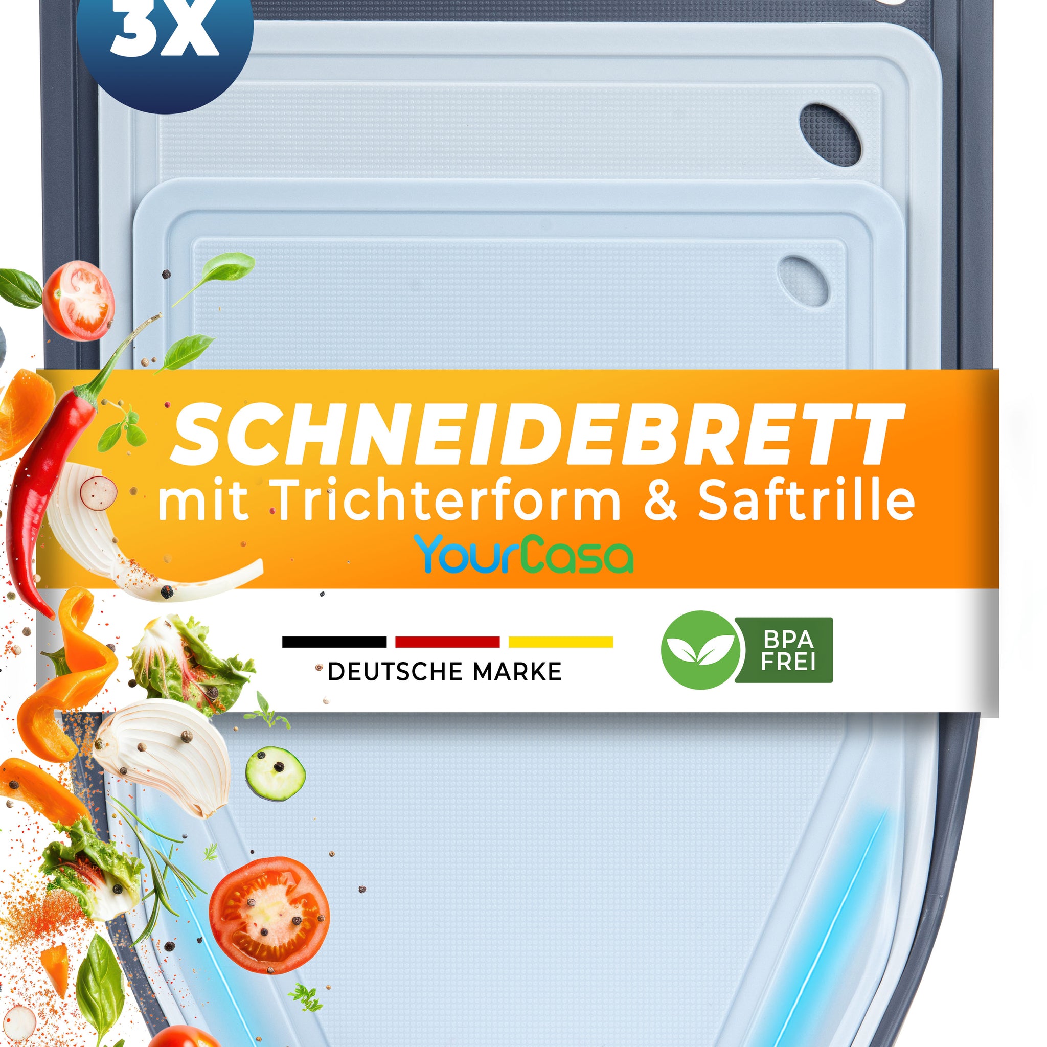3x Schneidebrett Kunststoff Set - BPA frei -Trichterform & Saftrille - Küchenbrett Rutschfest & Spülmaschinenfest - Cutting Board - Schneidematte Küche Brettchen