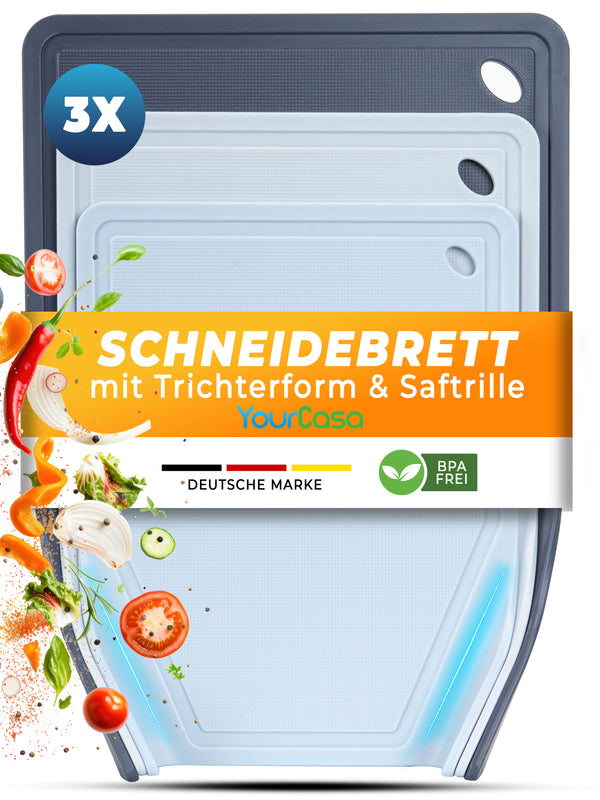 3x Schneidebrett Kunststoff Set - BPA frei -Trichterform & Saftrille - Küchenbrett Rutschfest & Spülmaschinenfest - Cutting Board - Schneidematte Küche Brettchen