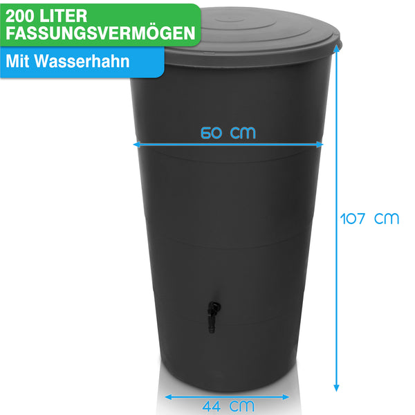 Yourcasa Regentonne mit Regensammler und Wasserhahn - 200L, 107 cm hoch und 60 cm im Durchmesser an der Oberseite, verjüngt sich auf 44 cm an