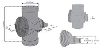 Ein Diagramm, das die Abmessungen eines Rohrs mit einem YourCasa® Regensammler [Downpipe70] mit Überlaufschutz, Absperrhahn und Feinfilter zum Verbinden von Fallrohr und Regentonne veranschaulicht.