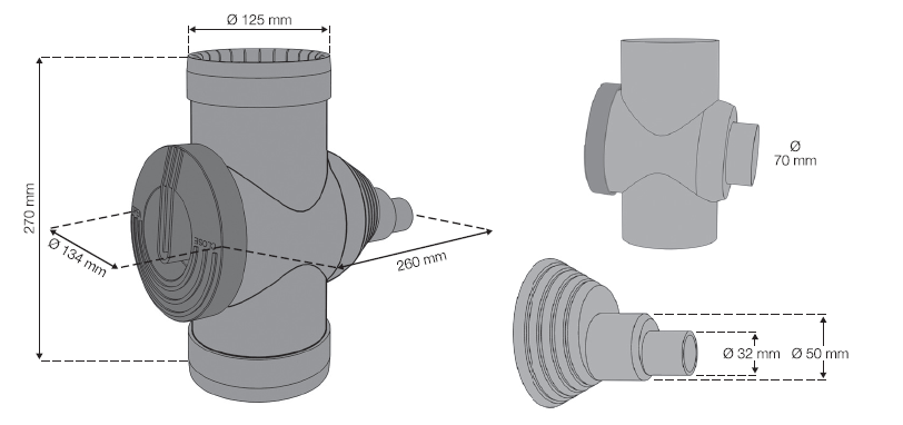 Technische Zeichnung eines Dreiwege-Rohrverbinders mit Maßangaben inklusive YourCasa® Regensammler [Downpipe70] - Mit Überlaufschutz und Absperrhahn.