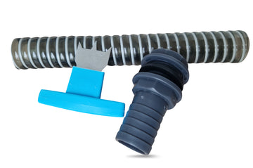 Der YourCasa®-Ablaufschlauch für die Waschmaschine aus Kunststoff mit blauem Adapter und Ventil, abgebildet auf weißem Hintergrund, verfügt über eine Spiralschlauch-Funktion.