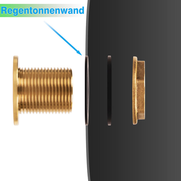 Querschnittsdiagramm, das den Einbau einer YourCasa® Universal Regentonnendurchführung 1/2 Zoll aus Messing in die Seite einer Regentonne zeigt.