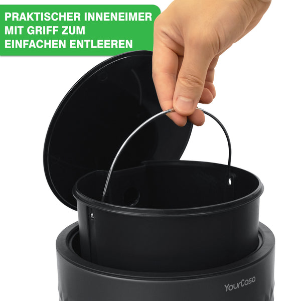 Per Hand anhebbarer Inneneimer mit Tragegriff eines kompakten, schwarzen YourCasa® Edelstahl Mülleimer Bad 5L – Pyramiden-Oberflächenstruktur für einfaches Entsorgen.