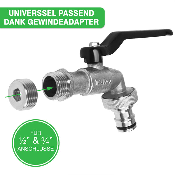 Außenwasserhahn mit Hebelgriff und universellem Gewindeadapter für 1/2" und 3/4" Anschlüsse, gefertigt aus YourCasa® Messing.