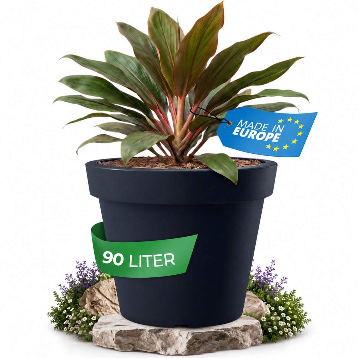 YourCasa TERRA Pflanzkübel groß in Anthrazit, Ø 60 cm, 90 Liter, bepflanzt