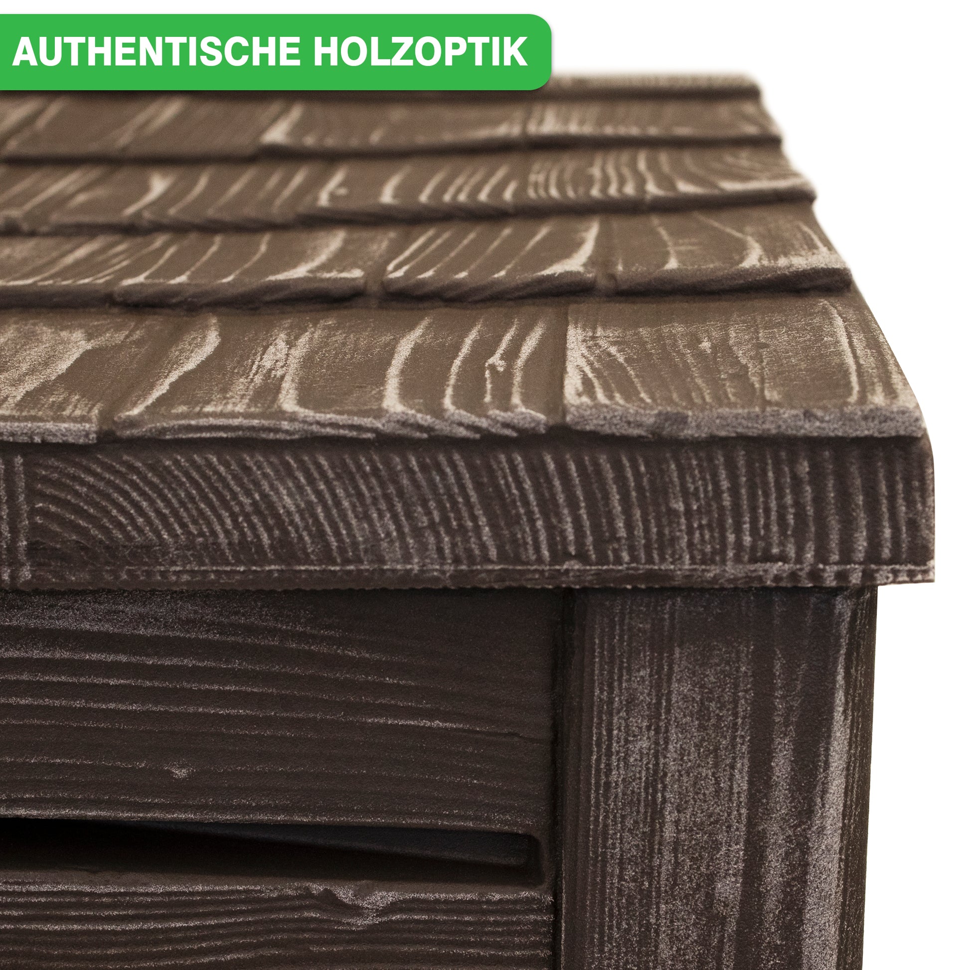 Holzstrukturierte Oberfläche mit dem Etikett YourCasa Regentonne 230 Liter [Slimline Nordic] - Holzoptik mit Metallgewinde für authentische Holzoptik.