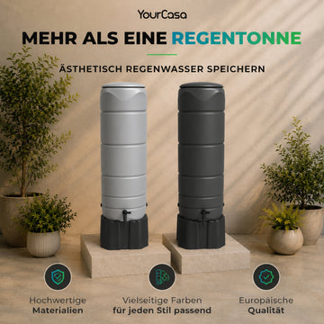 Regentonne 110 Liter [Circle Tower] – Schlanke Regenwassertonne mit Standfuß & 3 Anschlüssen