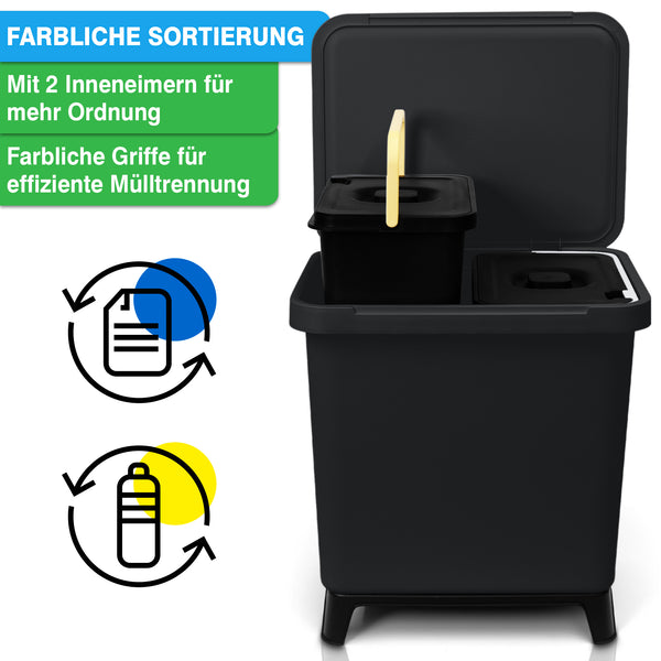 Schwarze Mülltonne mit zwei Fächern von Yourcasa® mit farbcodierten Griffen zum Sortieren und Innenbehältern zur Organisation.