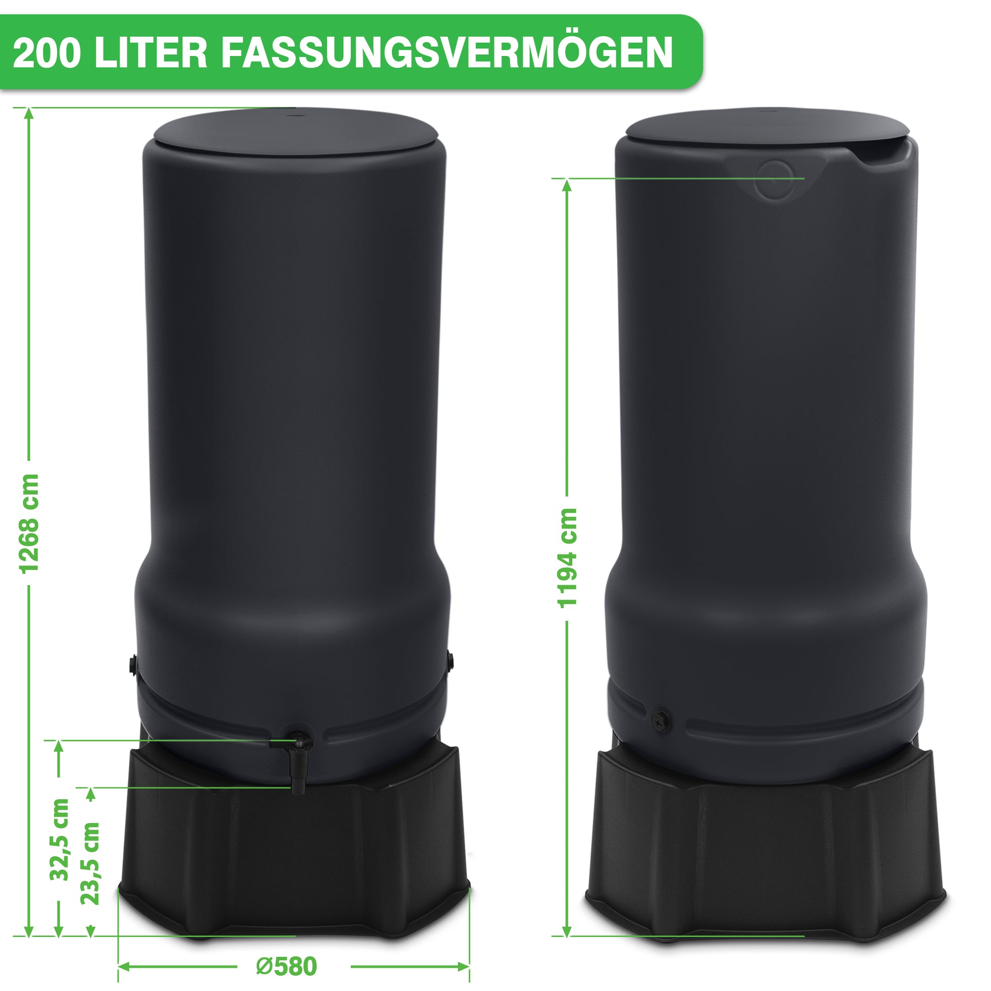 Vorder- und Schrägansicht einer 200-Liter-YourCasa Regentonne [RainBell] aus schwarzem Kunststoff mit beschrifteten Abmessungen.