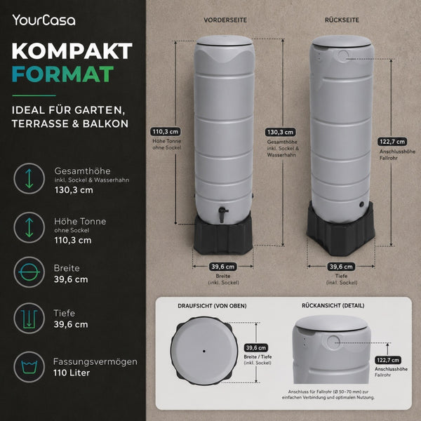 YourCasa Rain Barrel [CircleTower] 110L with stand, lid &amp; tap
