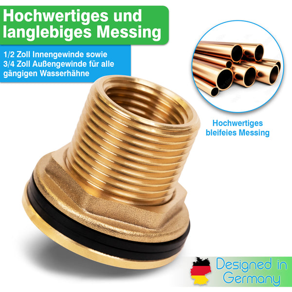 YourCasa® Universal Regentonnendurchführung 1/2 Zoll aus Messing-Schlauchadapter mit 1/2 Zoll Innengewinde und 3/4 Zoll Außengewinde, geeignet für Regentonnenverschraubung von yourcasa-de.