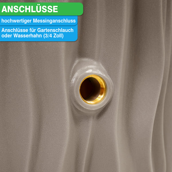 Gartenschlauch- oder Wasserhahn-Anschlusspunkt (3/4 Zoll) auf grauem Hintergrund mit der Aufschrift „Anschlüsse“, weist auf eine hochwertige Armatur zur Regenwassernutzung hin, z.B. bei der YourCasa Regentonne 160 Liter [AquaDesign Flower] - Frostsicher & UV-beständig von yourcasa-de.