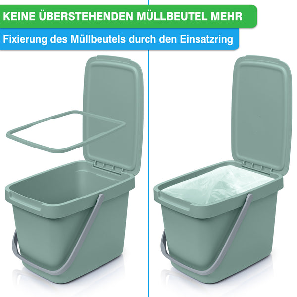 Vergleich zweier YourCasa® Biomülleimer Küche - 6L: einmal ohne Beutel und einmal mit innenliegendem und unter dem Deckel befestigtem Beutel, hervorgehoben durch den Text „Keine überstehenden Müllbeutel erforderlich“.