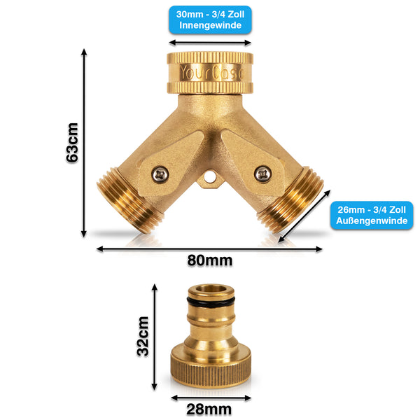 Beschreibung: Hochwertiger YourCasa Wasserverteiler Y-Verteiler [3/4 Zoll] aus Messing mit zwei Ausgängen und beschrifteten Abmessungen. Marke: yourcasa-de