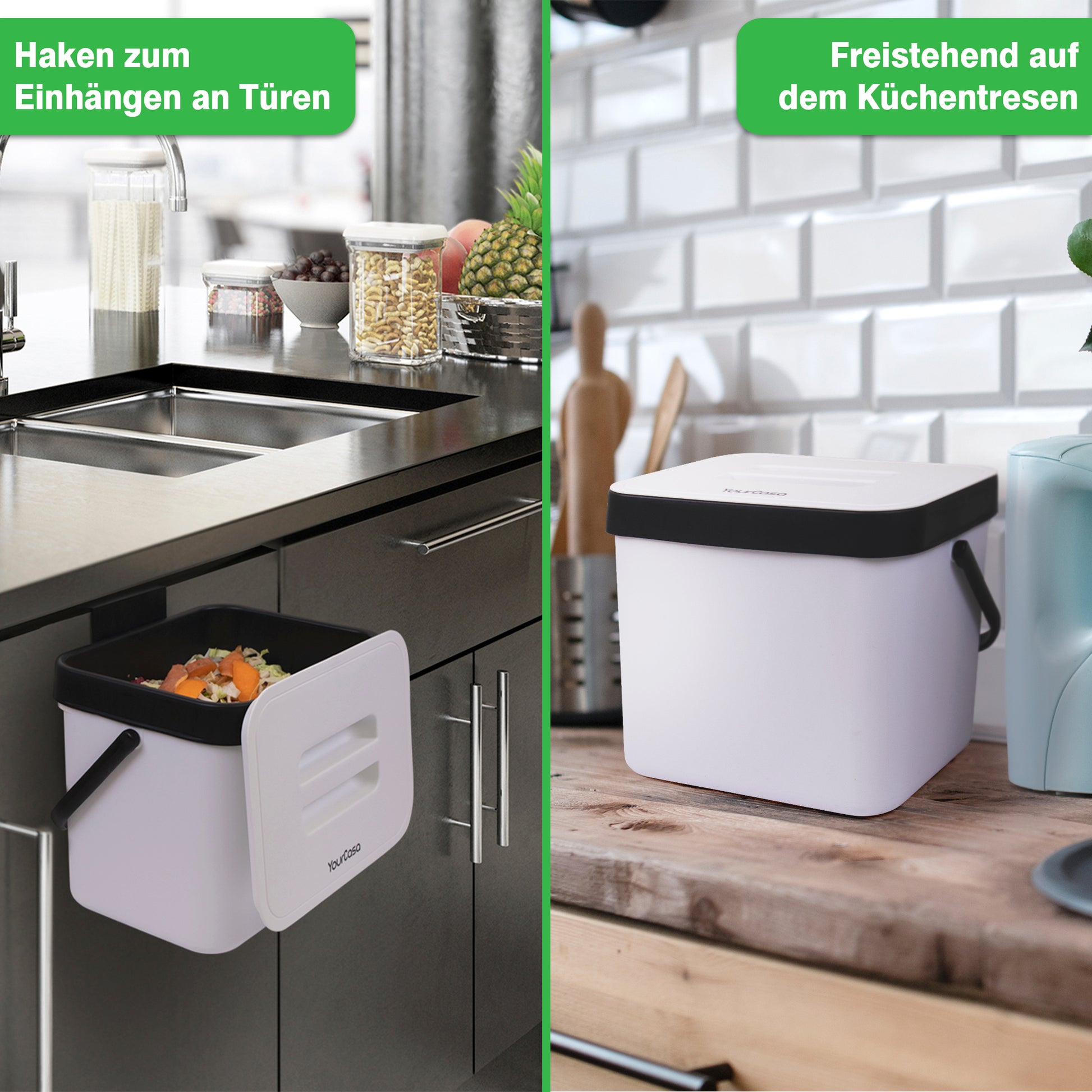 Zwei Bilder einer Küche mit Mülleimer und einem YourCasa® Biomülleimer Küche 7L mit Halterung und Sieb – Komposteimer Küche für alltäglichen Biomüll – geruchsdicht & spülmaschinenfest.