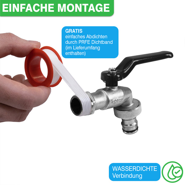 Außenwasserhahn mit einem roten Dichtungsring und Installationsband, hervorgehoben für eine einfache und wasserdichte Installation: YourCasa® Wasserhahn Garten [1/2 Zoll & 3/4 Zoll] Messing - Frostsicher & Komplettset, von yourcasa-de.