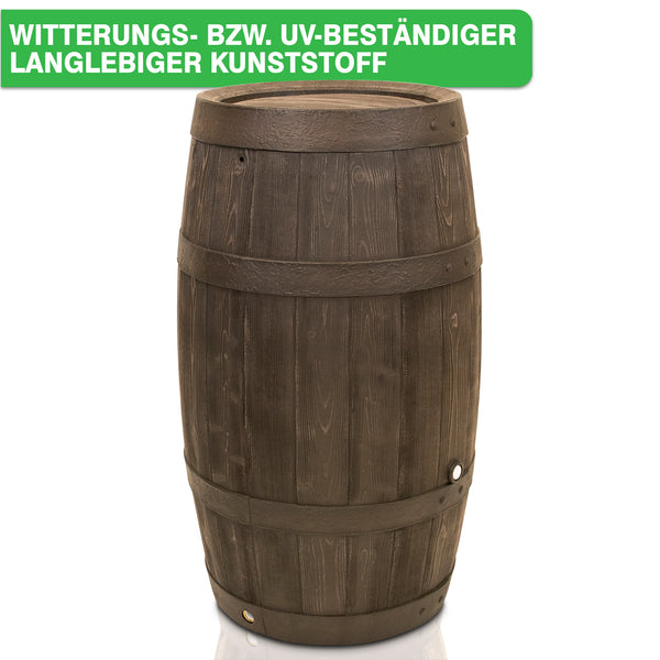 Fass in Holzoptik aus wetterfestem, UV-beständigem Kunststoff.
YourCasa Regentonne 250 Liter [Holz] - Frostsicher & UV-beständig von yourcasa-de.