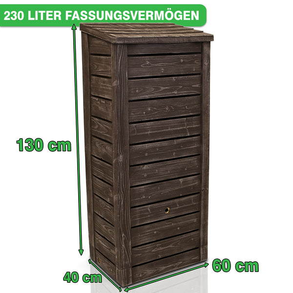 Braunes Kunststoff-Gartengerätehaus mit einer YourCasa Regentonne 230 Liter [Slimline Nordic] - Holzoptik mit Metallgewinde, 130 cm hoch, 60 cm tief und 40 cm breit. Markenname: yourcasa-de