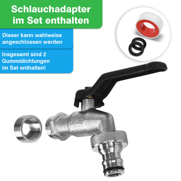 YourCasa® Wasserhahn Garten [1/2 Zoll & 3/4 Zoll] Messing – Frostsicher & Komplettset mit Schlauchadapter und zwei mitgelieferten Gummidichtungen hervorgehoben.