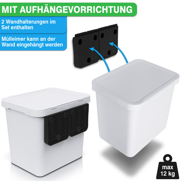 Wandmontierter Abfalleimer für Ihr YourCasa® Mülltrennsystem mit mitgelieferter Montagehalterung, mit einer maximalen Tragkraft von 12 kg.