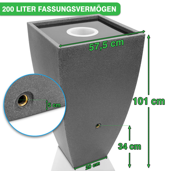 Ein Diagramm einer YourCasa Regentonne aus Stein mit 200 Liter Fassungsvermögen und detaillierten Abmessungen.