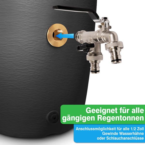 Regentonne mit Zapfhahn aus Messing und YourCasa® Universal Regentonnendurchführung 1/2 Zoll aus Messing, passend für alle handelsüblichen Regentonnen von yourcasa-de.